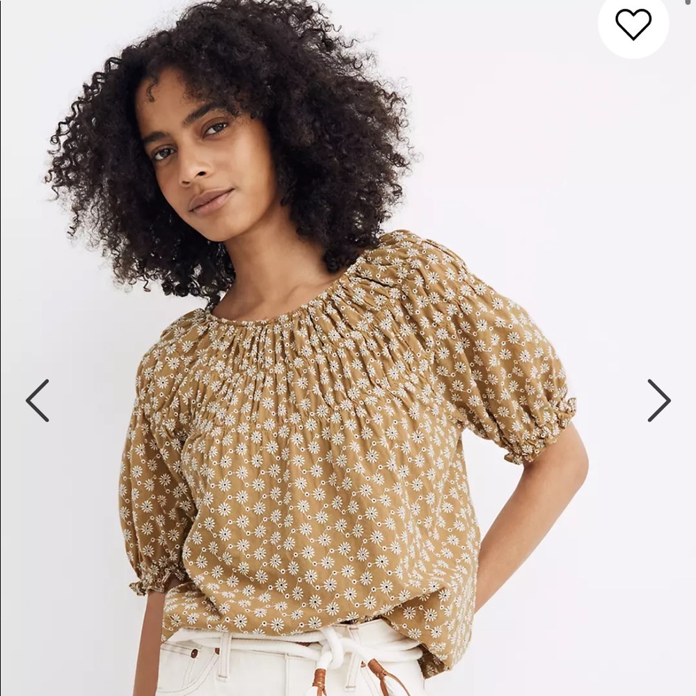 NWT Madewell Daisy Embroidered Shirred Puff-Sleeve Top